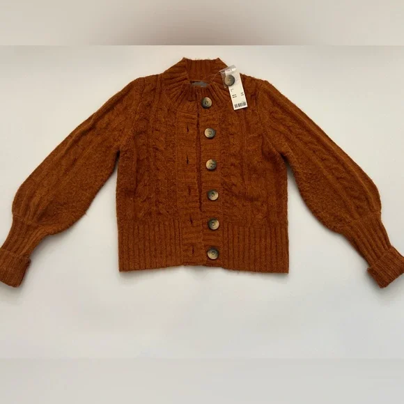 Cable Knit Cardigan Rust Balloon Sleeve Sweater Planet Gold Women